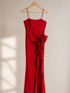 cinq a sept Red Satin Ruffle-Accent Maxi Dress